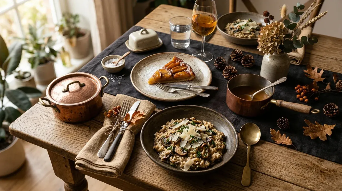 Autumn harvest table setting with seasonal dishes