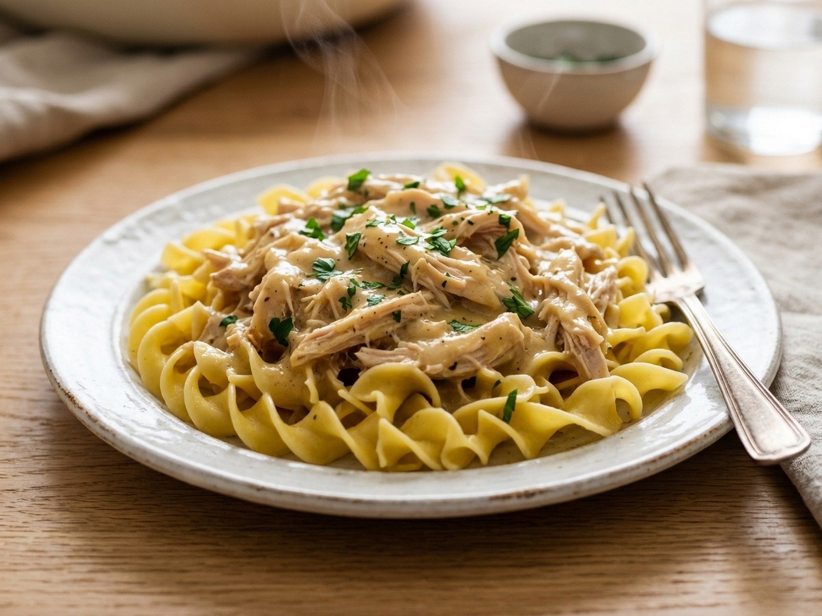 Shredded chicken in cream of chicken gravy served over warm egg noodles
