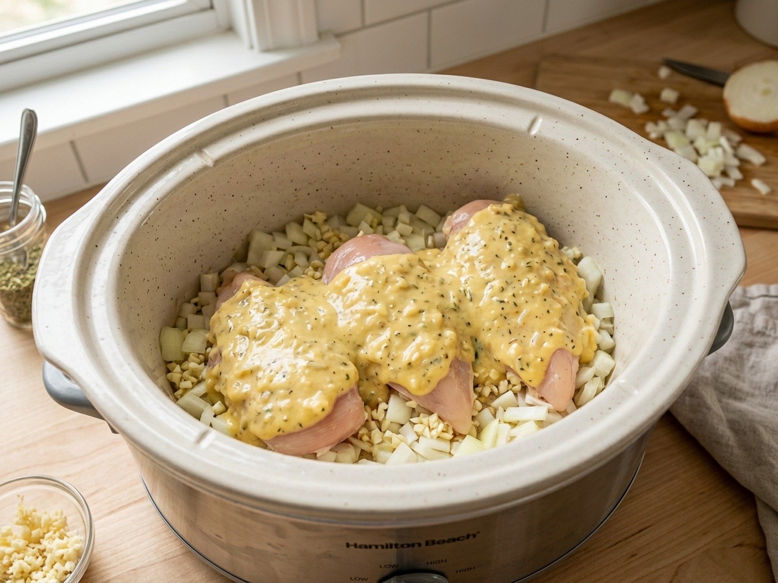 Layering chicken breasts over onions in the slow cooker insert