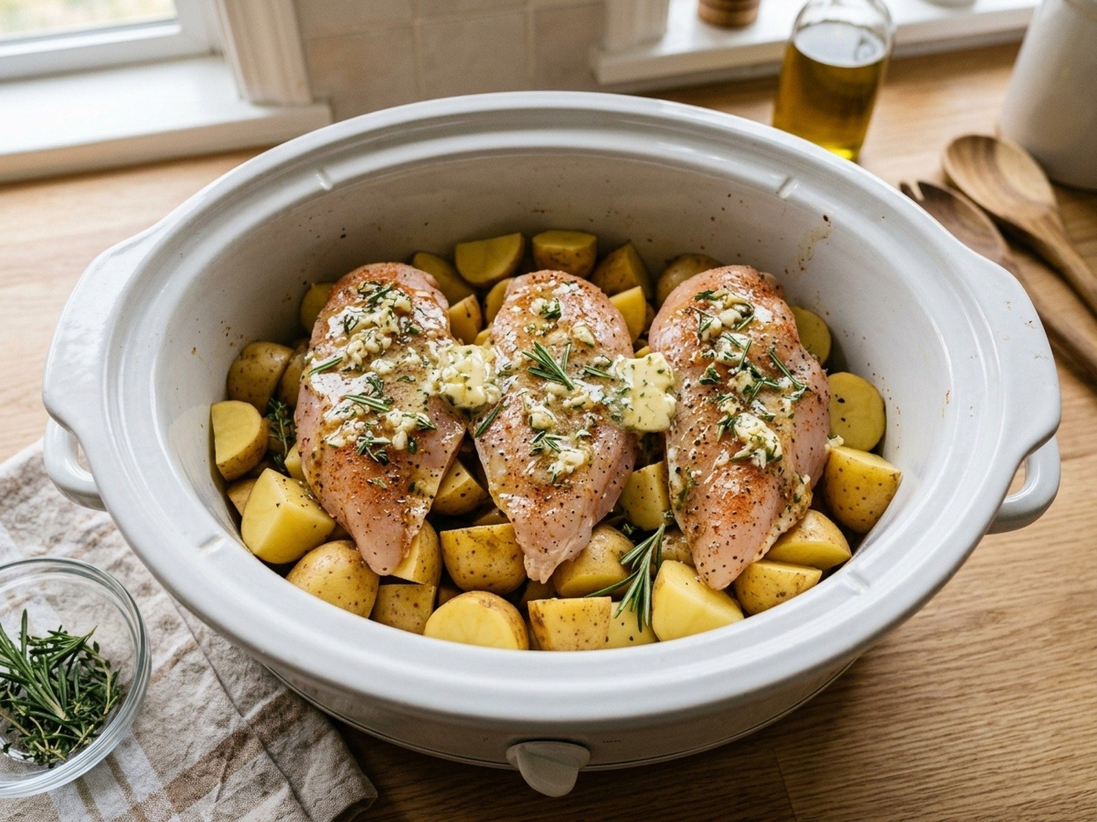 Thermodynamic layering view inside the slow cooker insert with potatoes lining the bottom and seasoned chicken breasts arranged on top