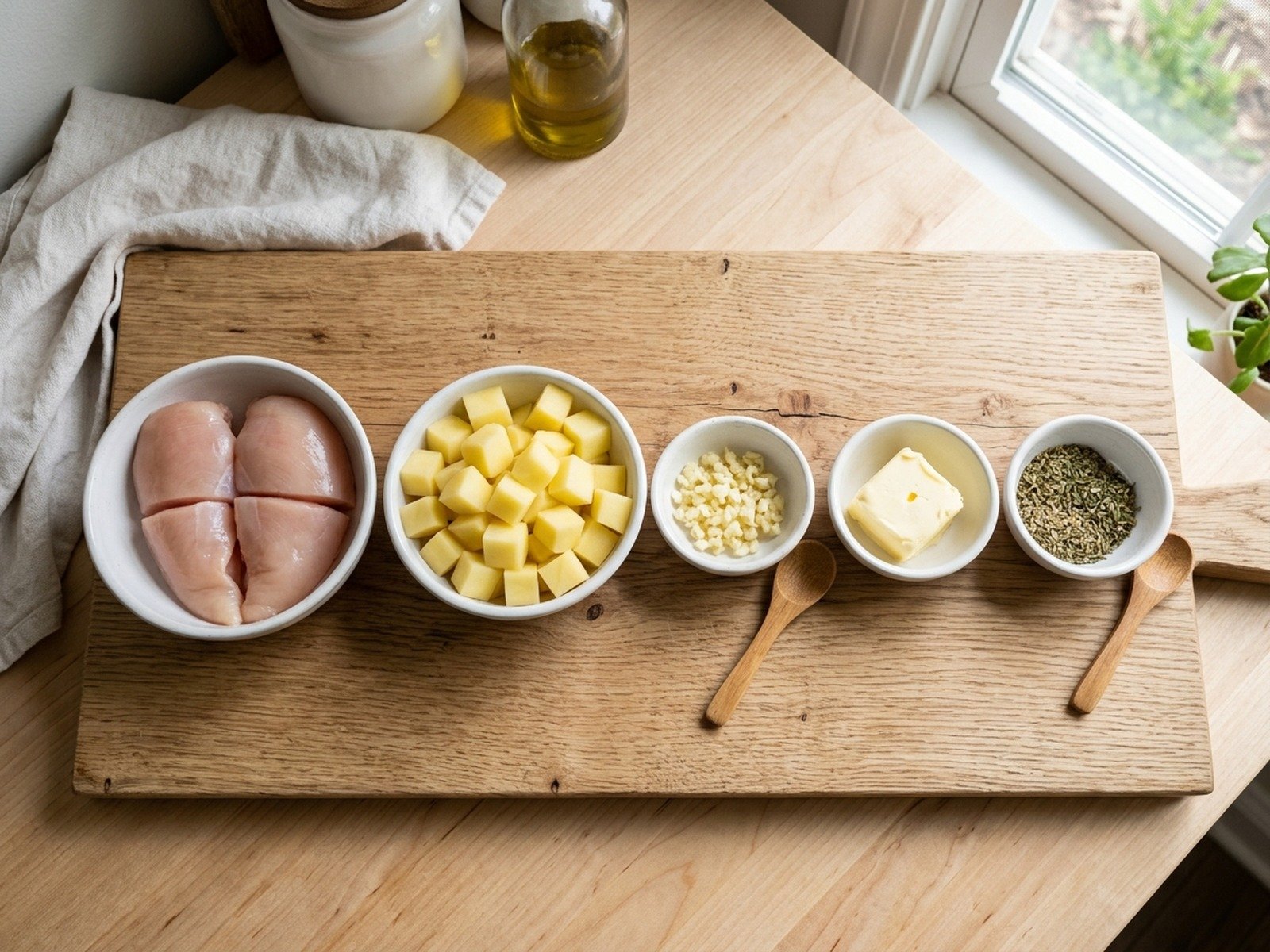 Mise en place of trimmed chicken breasts, uniform Yukon Gold potatoes, minced garlic, butter, and dried Italian herbs arranged on a light oak prep board