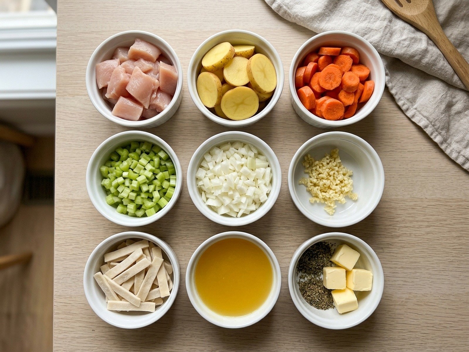Overhead flatlay mise en place of raw measured ingredients for chicken and dumplings
