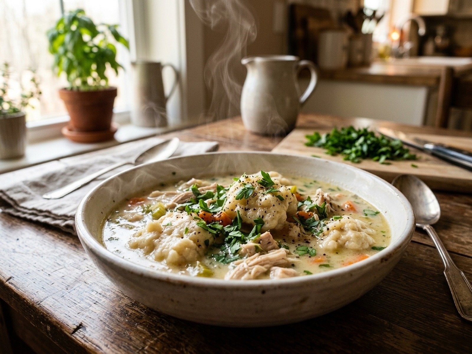 Close up eye level view of a warm white porcelain bowl filled with chicken and dumplings