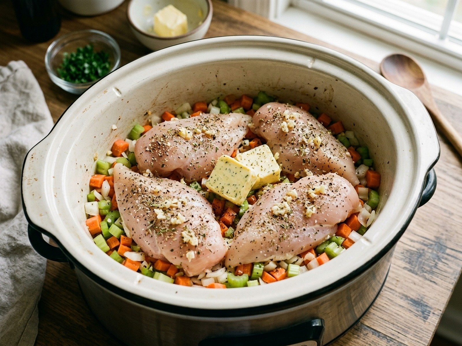 High angle process view of vegetables and chicken layered inside a slow cooker insert