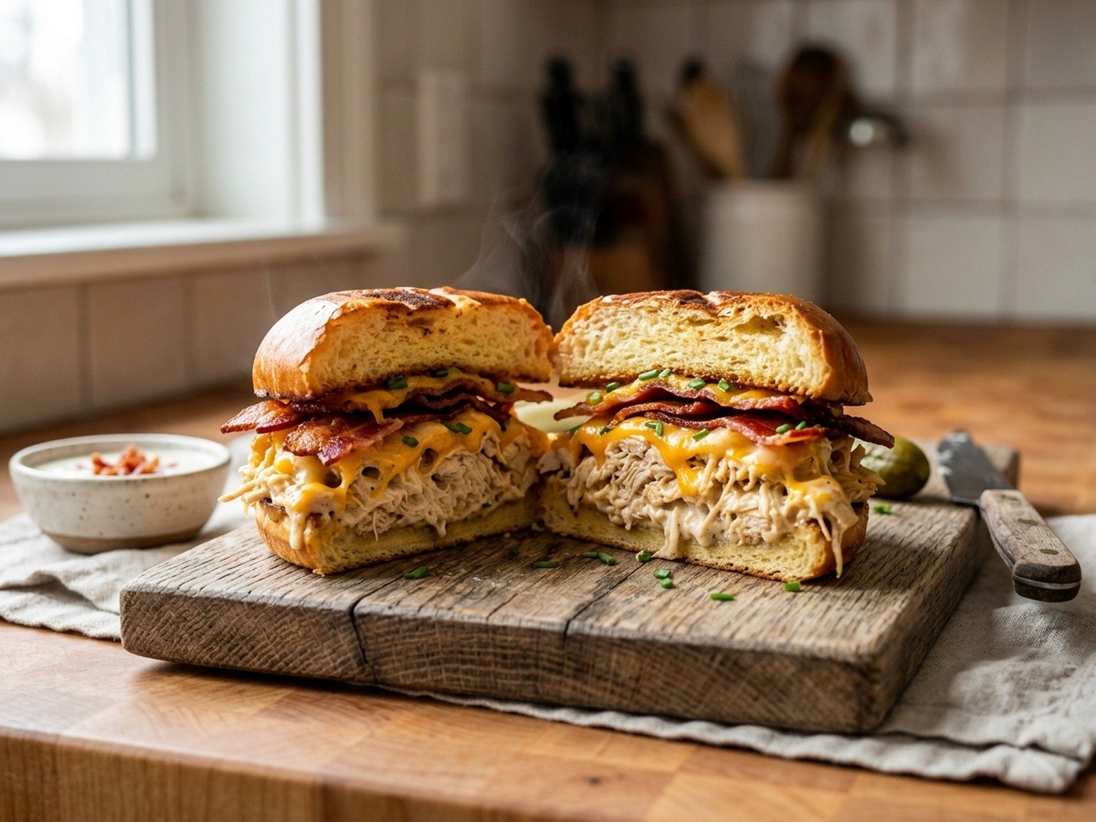 Close up eye level view of a warm toasted brioche sandwich filled with bacon ranch cheddar chicken cut in half