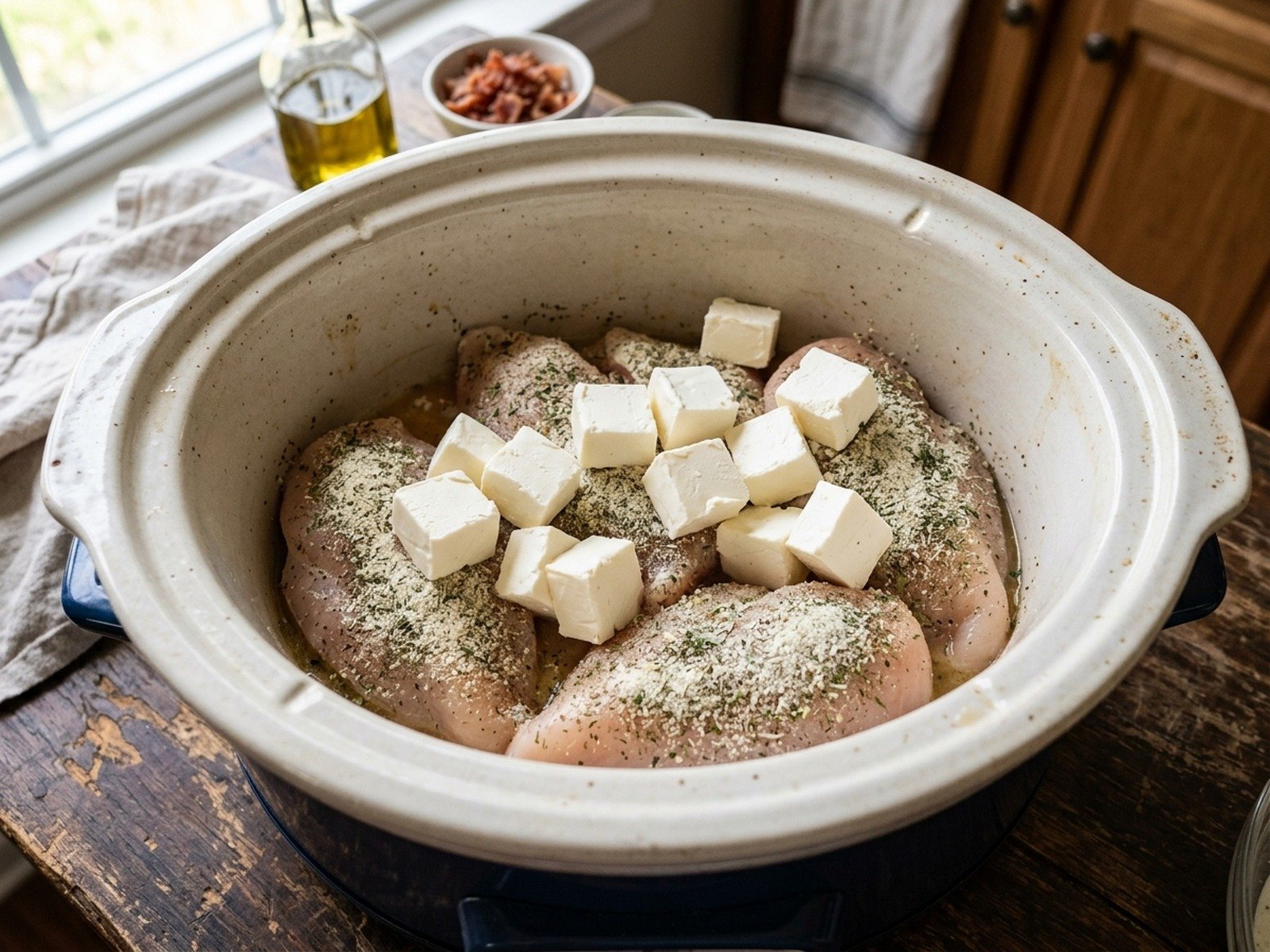 High angle process view looking down into slow cooker with chicken breasts seasoned with ranch and topped with cream cheese cubes