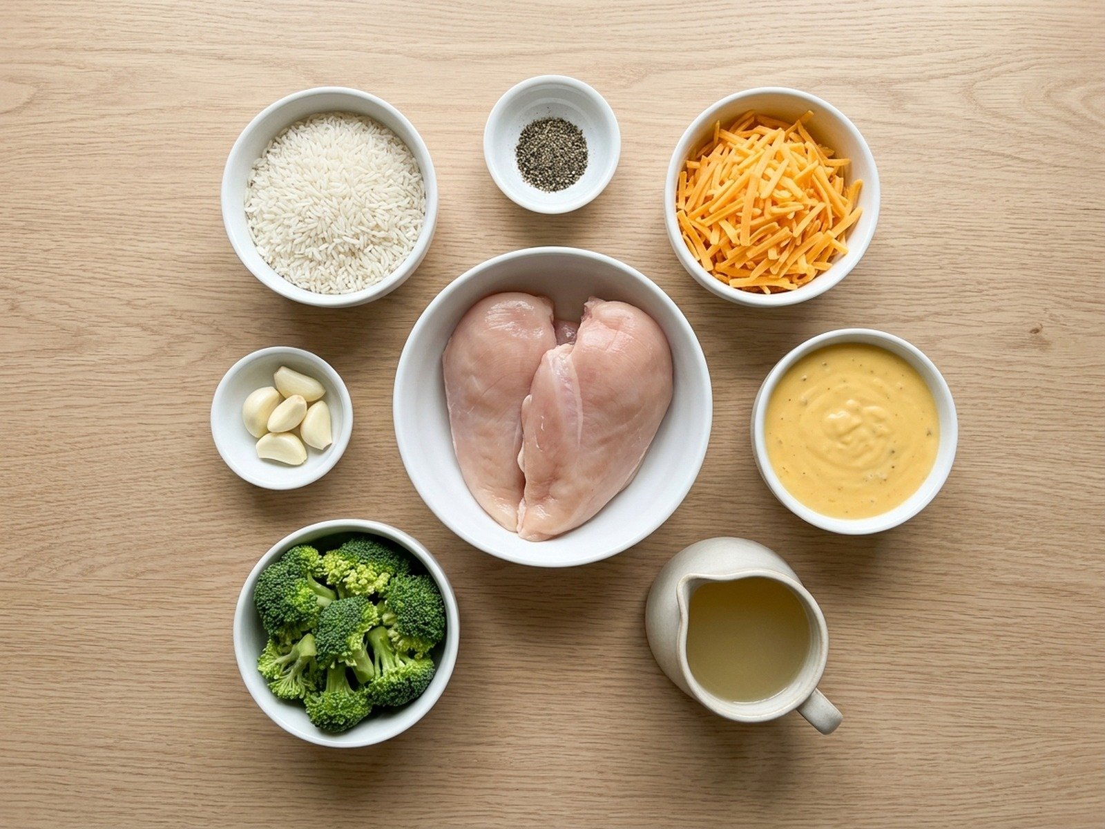 Mise en place of raw measured ingredients in prep bowls