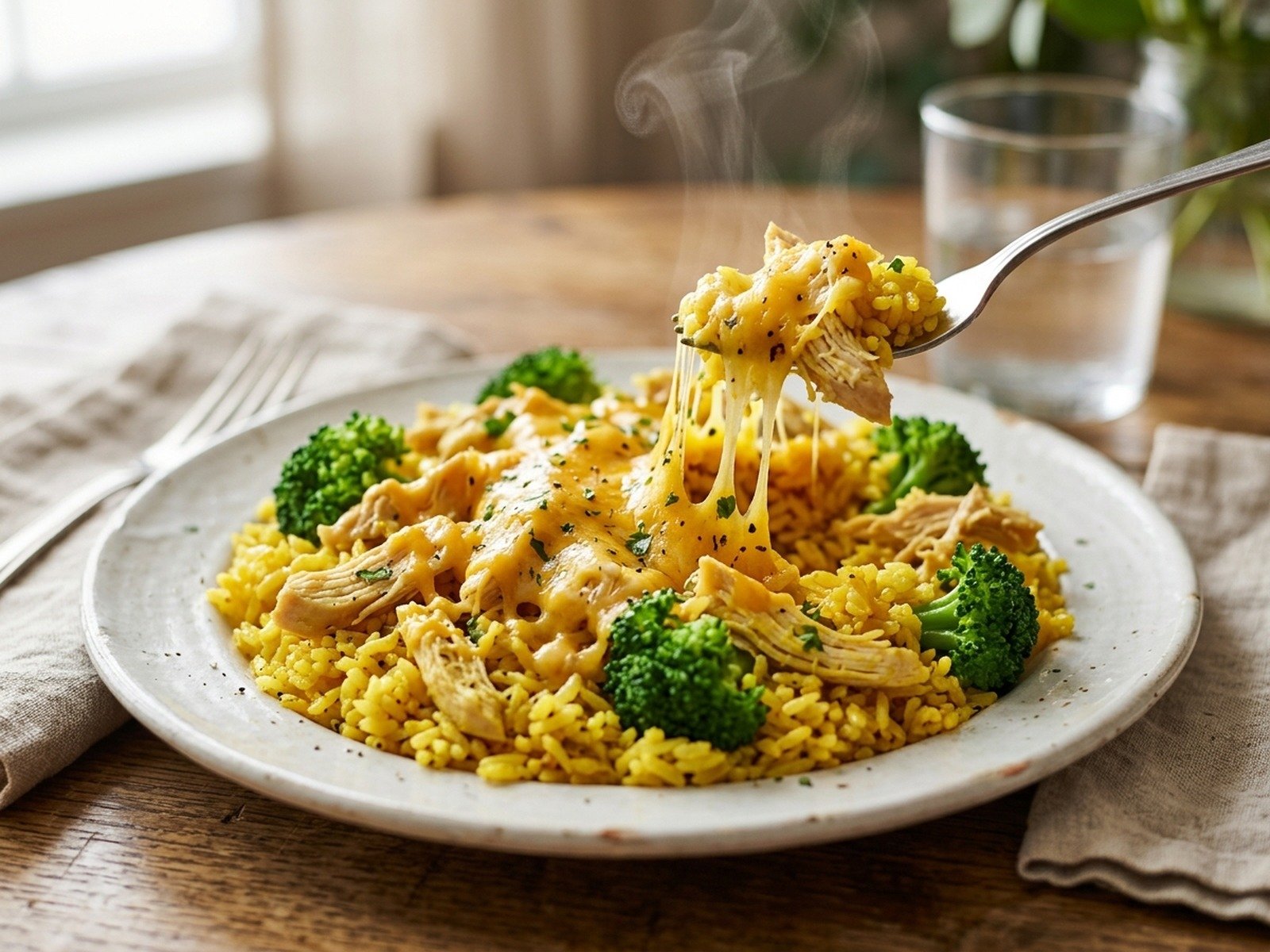 Portion of cheesy chicken and rice on a white ceramic plate
