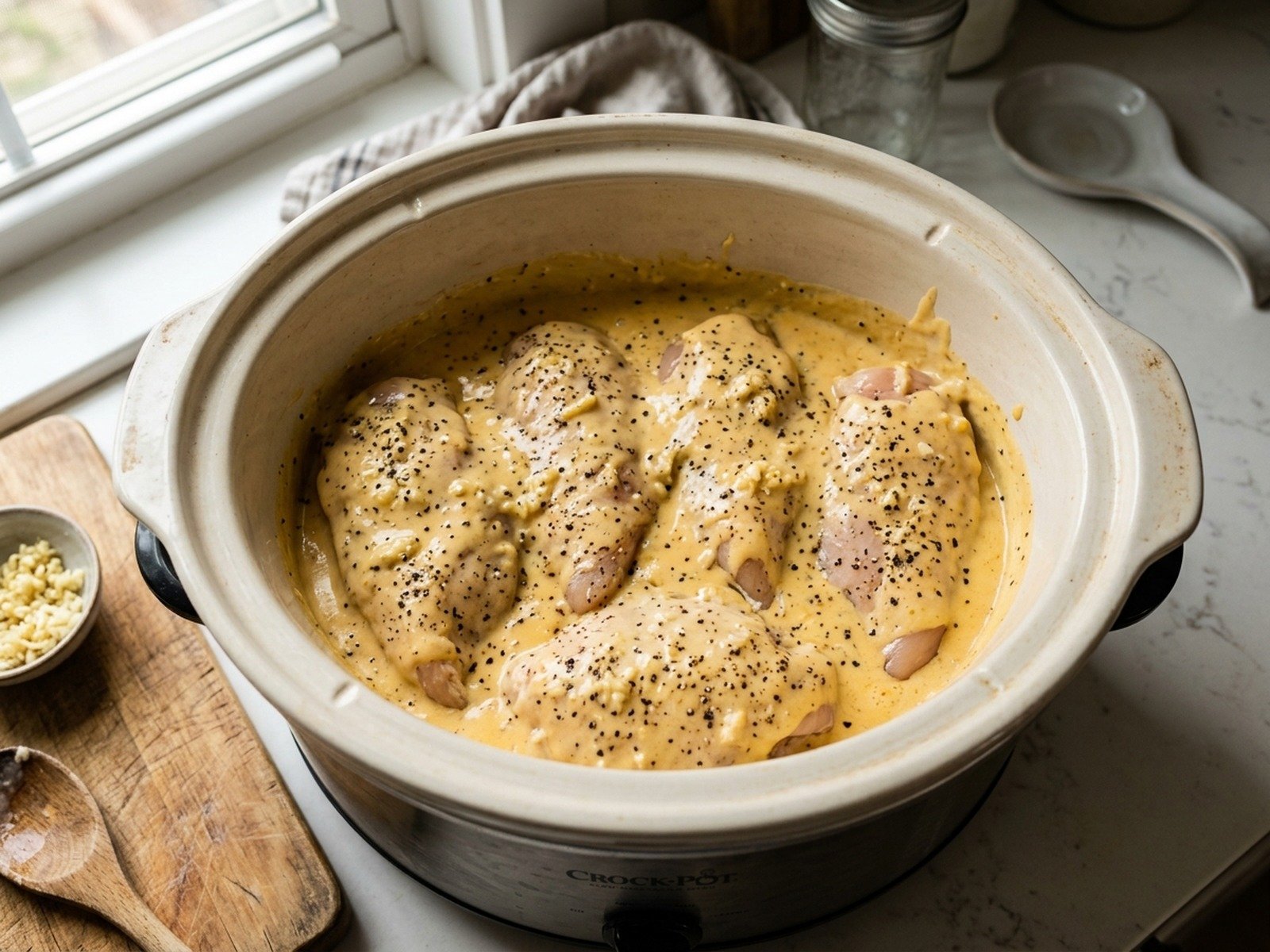 Placing chicken breasts and cheddar soup in slow cooker insert
