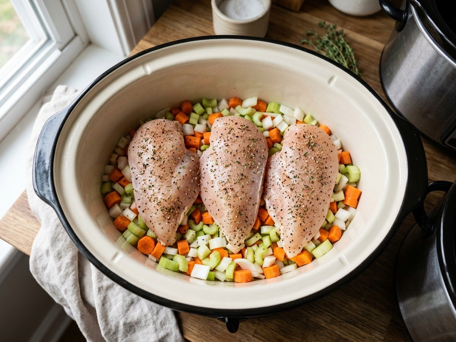 Layering sliced carrots, celery, onions, and chicken breasts in slow cooker