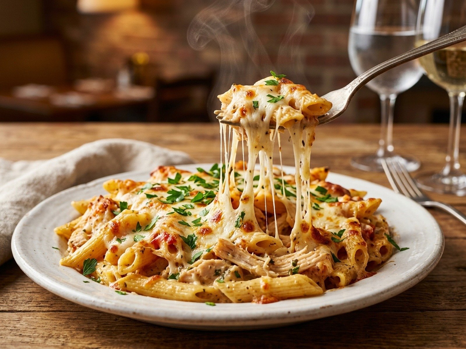 Warm baked chicken pasta served on a ceramic plate with melted cheese pulls