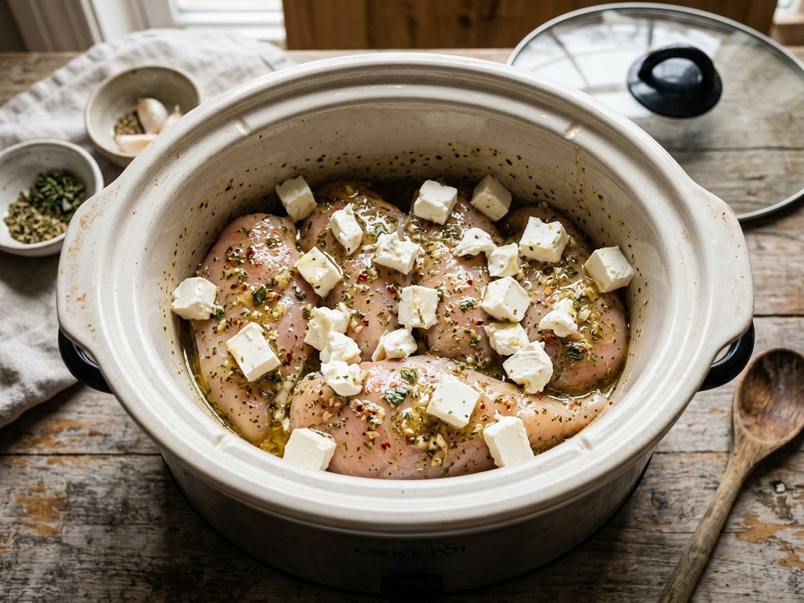 Arranging chicken breasts and cream cheese in slow cooker