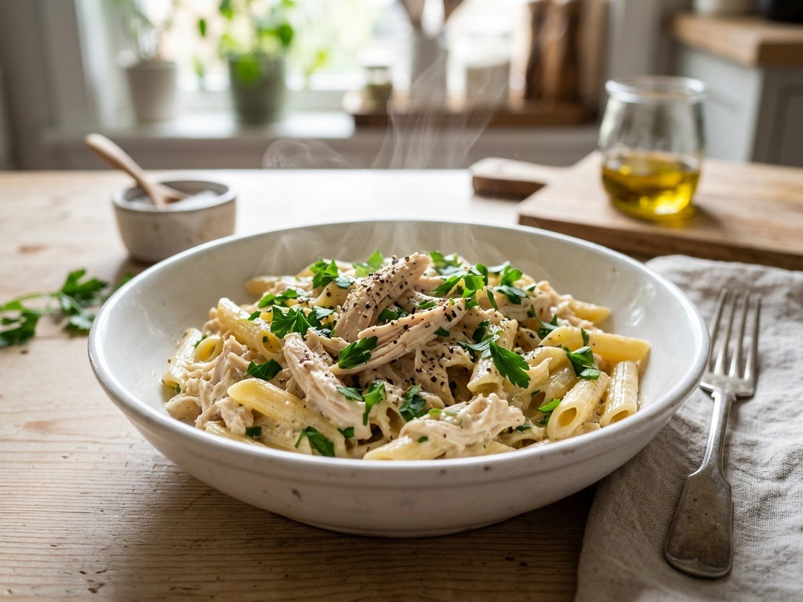 Close up eye level view of a warm porcelain bowl filled with creamy Olive Garden chicken pasta