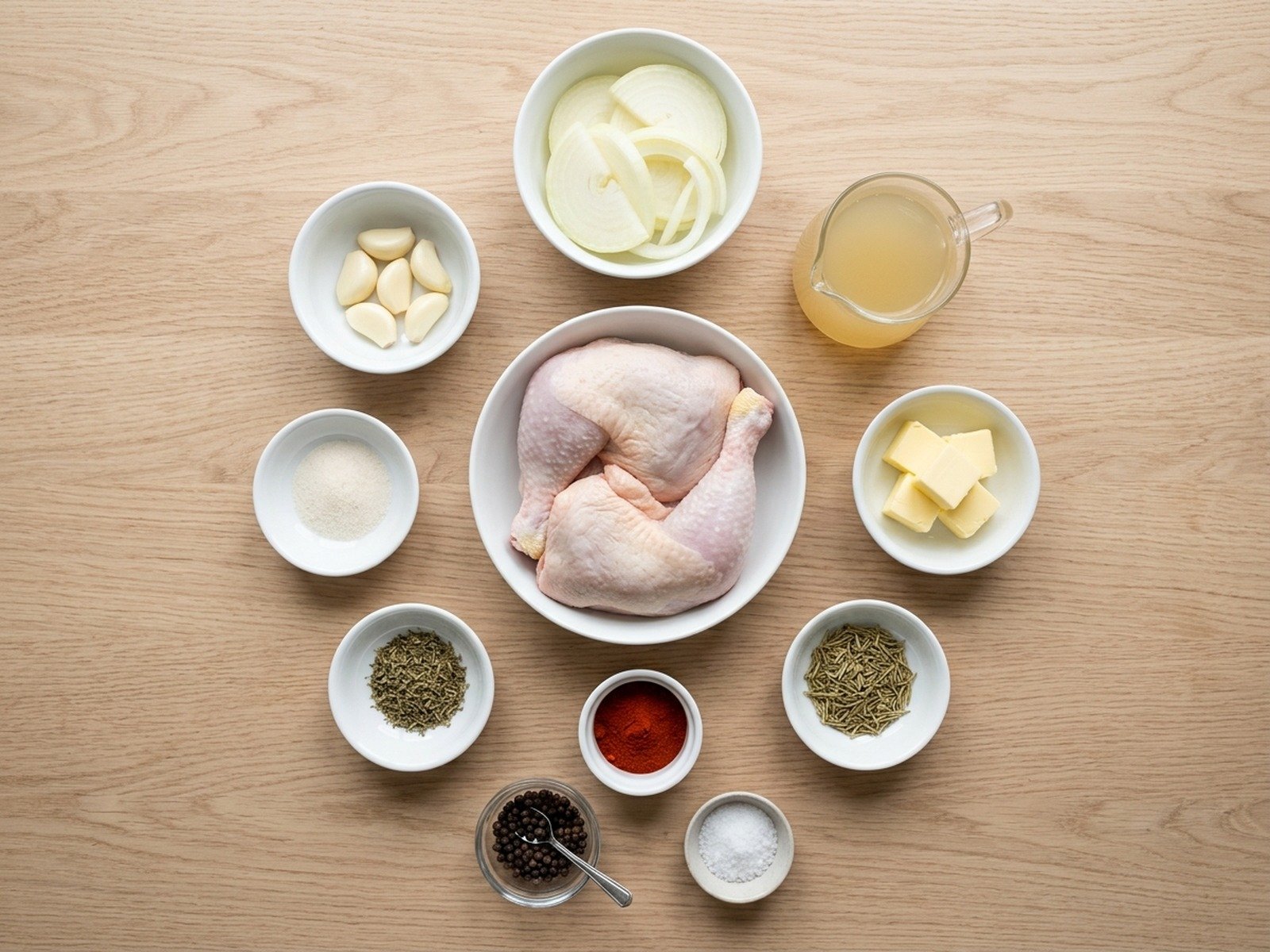 Mise en place of raw chicken leg quarters and seasonings in bowls