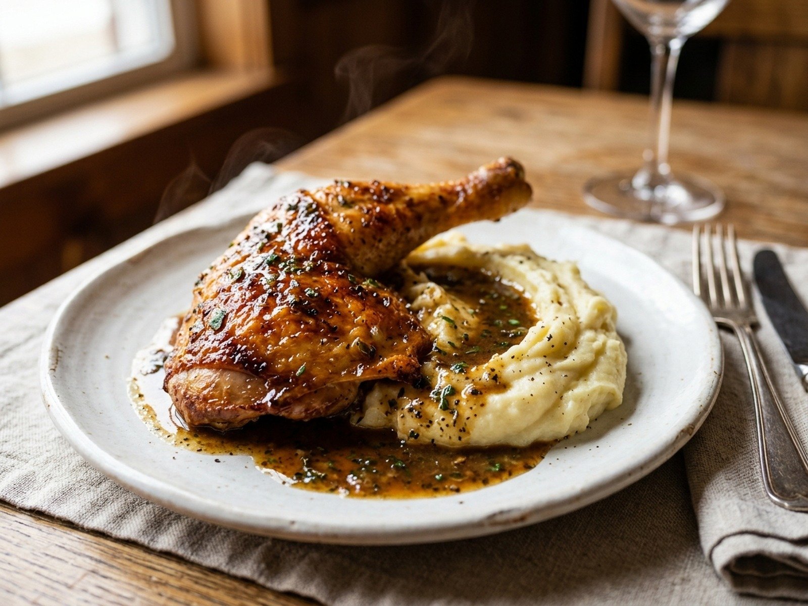 Crispy chicken leg quarter served with garlic mashed potatoes and herb sauce