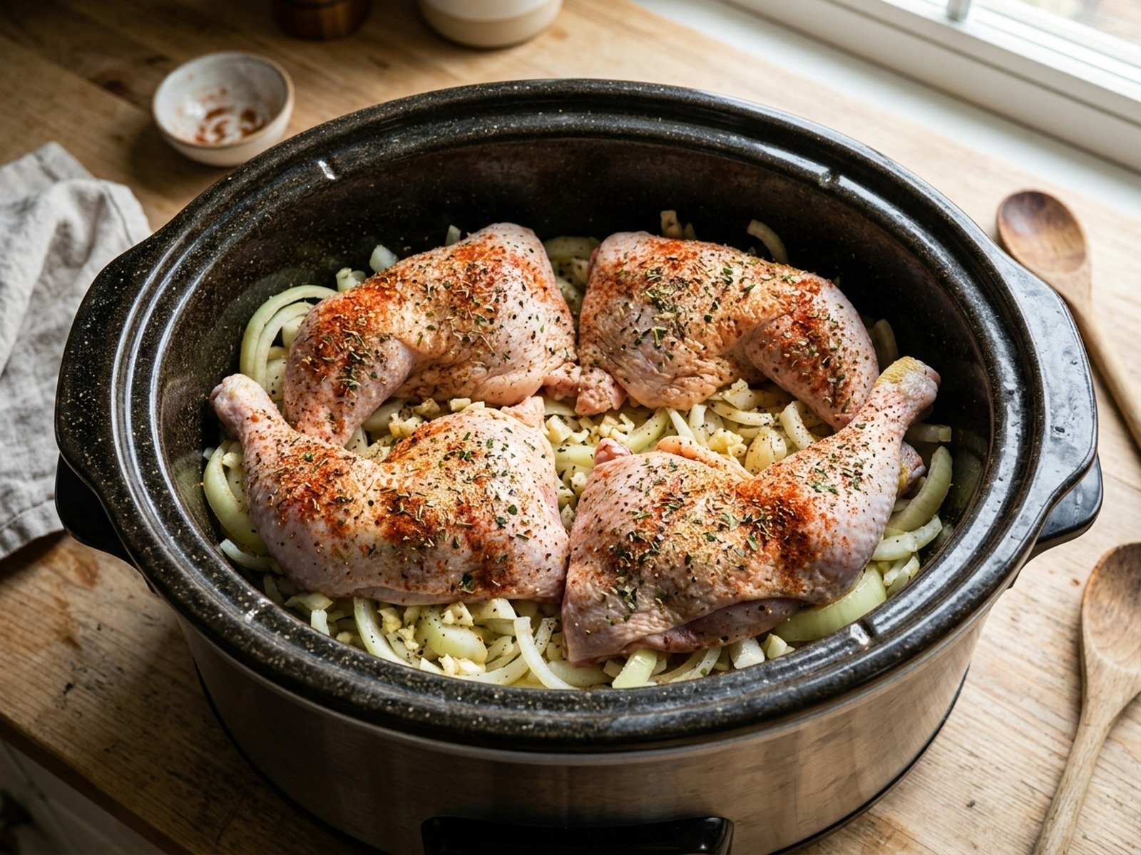 Seasoned chicken leg quarters arranged in slow cooker over onions