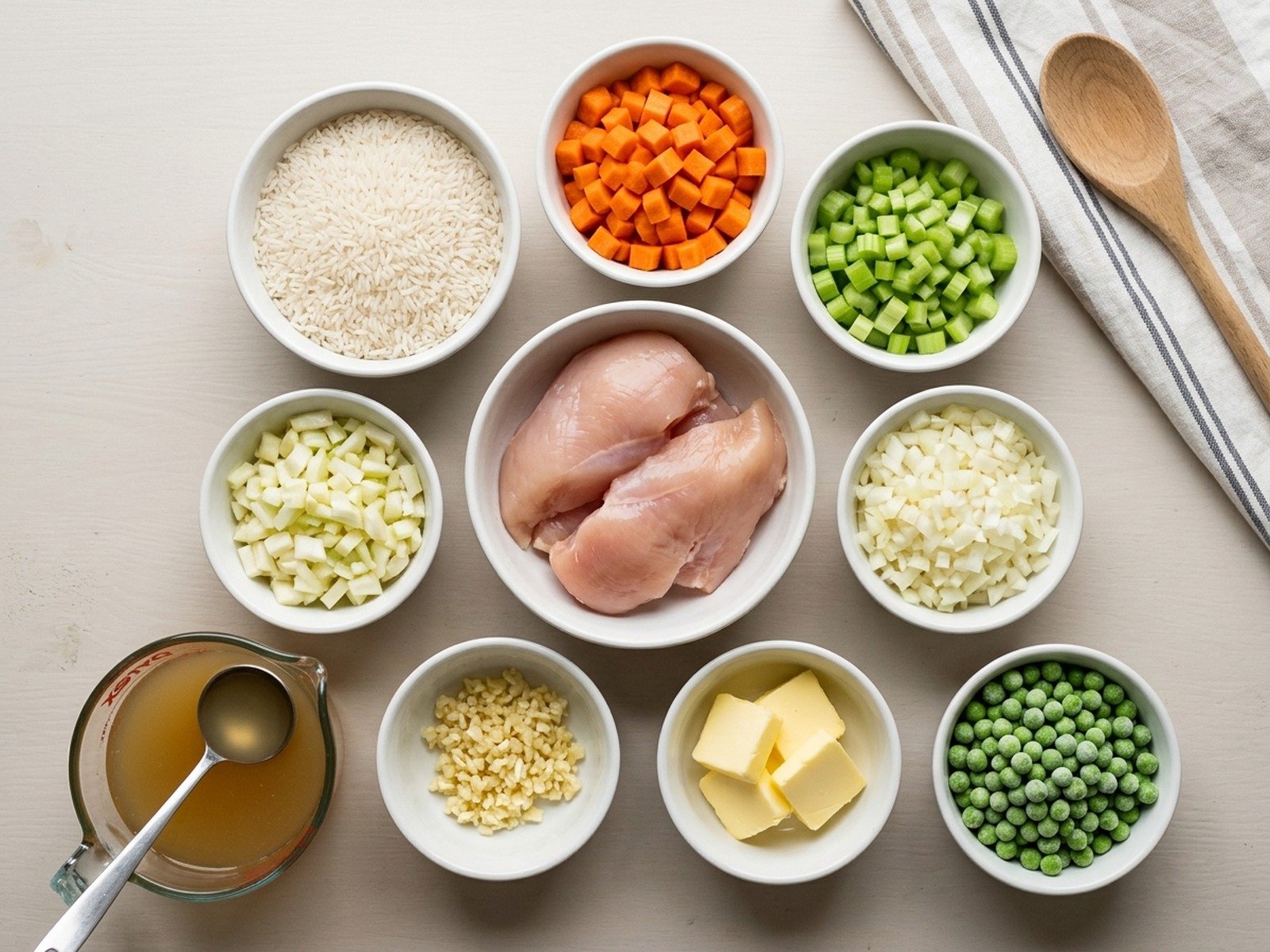 Overhead flatlay mise en place of raw measured ingredients for chicken and rice casserole
